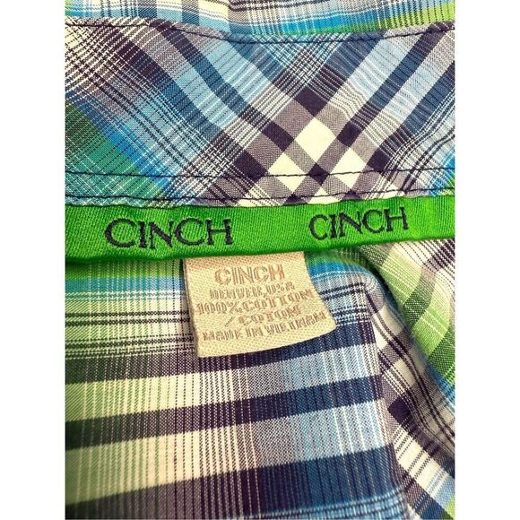 Cinch Men’s Large Short Sleeve Button Up Shirt Blue Green Plaid Western Rodeo - Picture 5 of 5